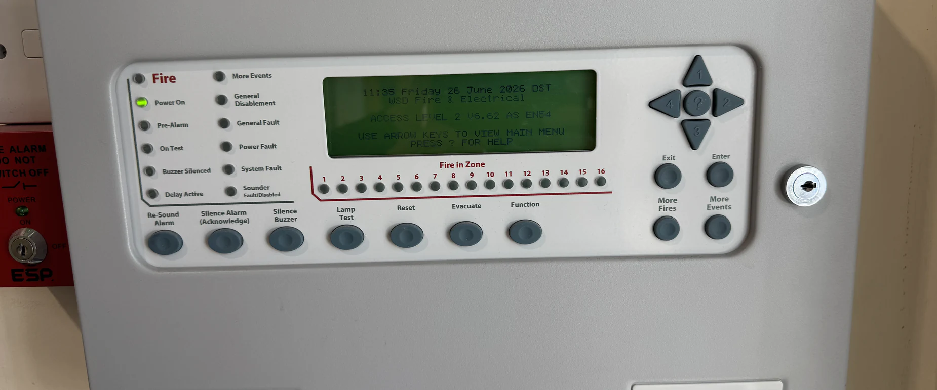 WSD Fire and Electrical branded addressable fire alarm control panel showing a healthy system across sixteen zones