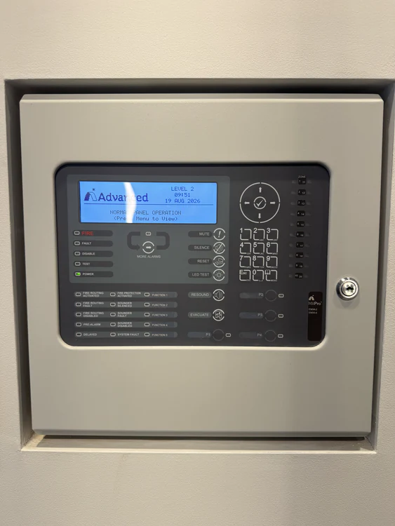 Advanced addressable fire alarm control panel installed in a plant room