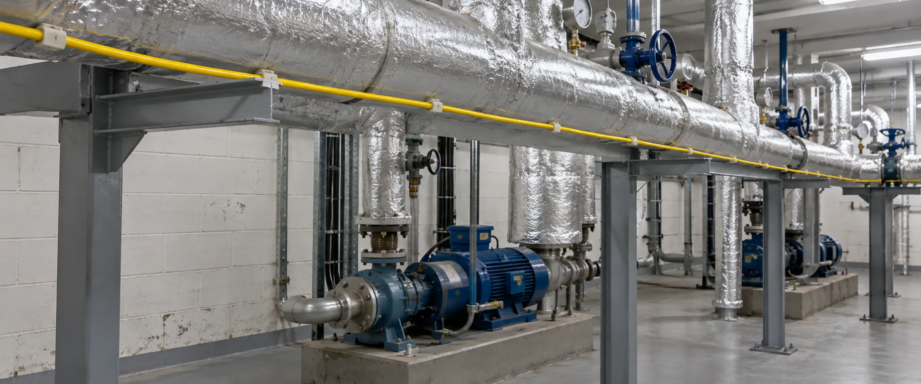 Water leak detection sense cable running along insulated pipework in a plant room