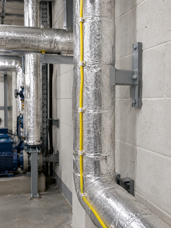 Yellow water leak detection sense cable clipped to a pipe riser in a plant room