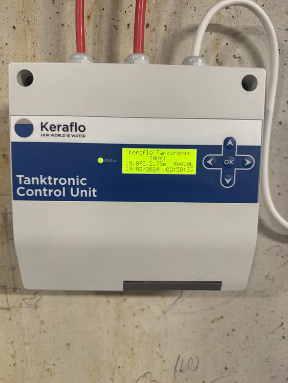 Keraflo Tanktronic control unit monitoring sprinkler tank level and water temperature