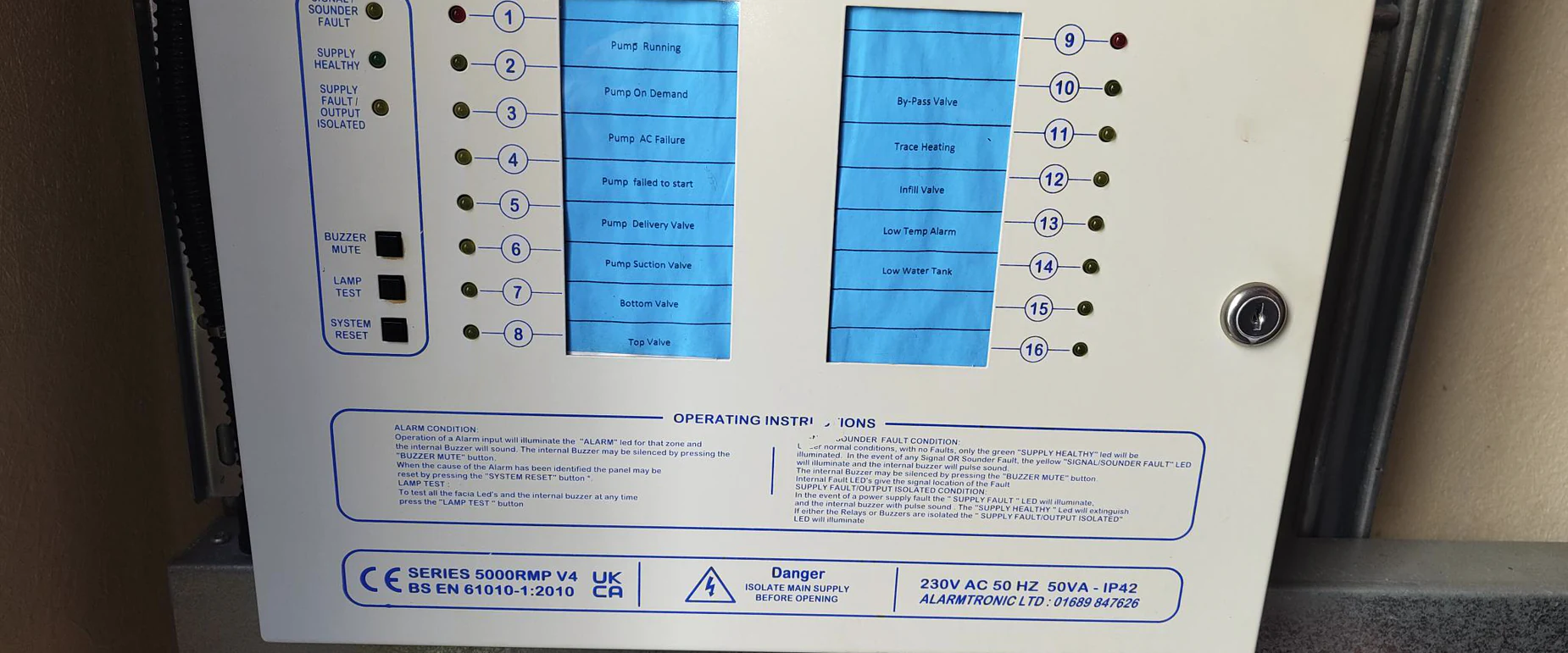 Sixteen way remote monitoring panel reporting pump, valve and trace heating status