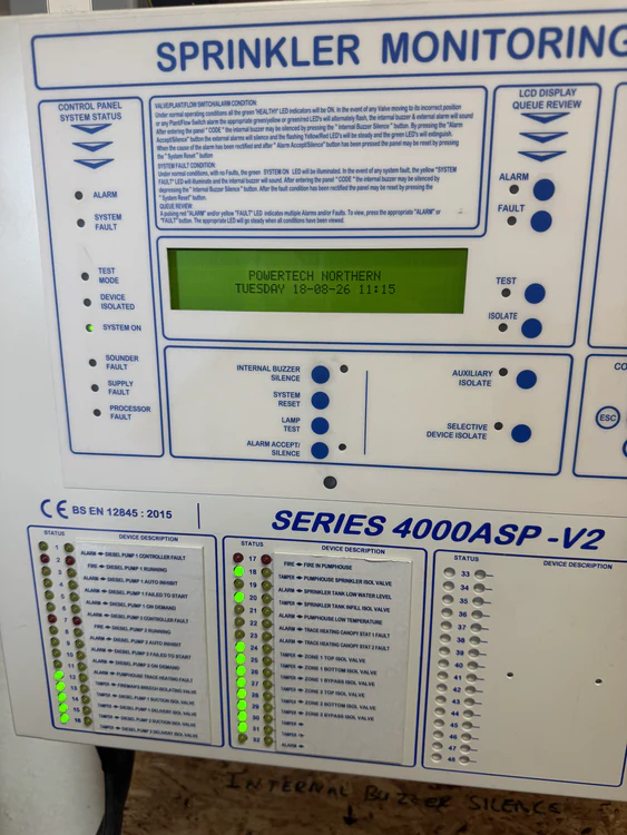 Sprinkler monitoring panel displaying live system status and fault indication