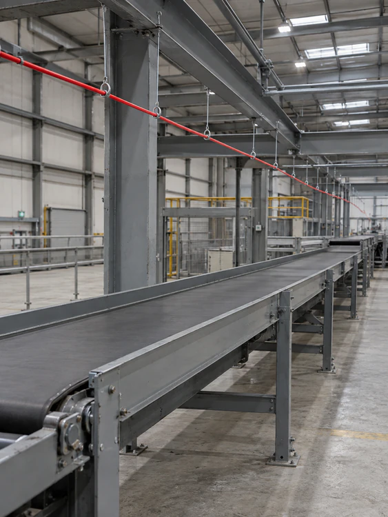 Linear heat detection cable suspended above a belt conveyor in a warehouse