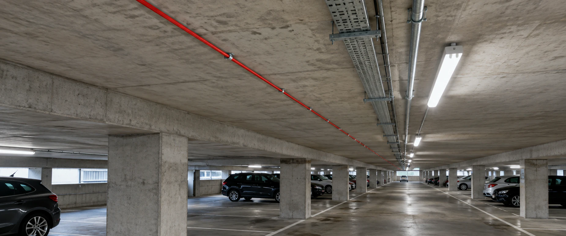 Linear heat detection cable running along the soffit of a multi-storey car park