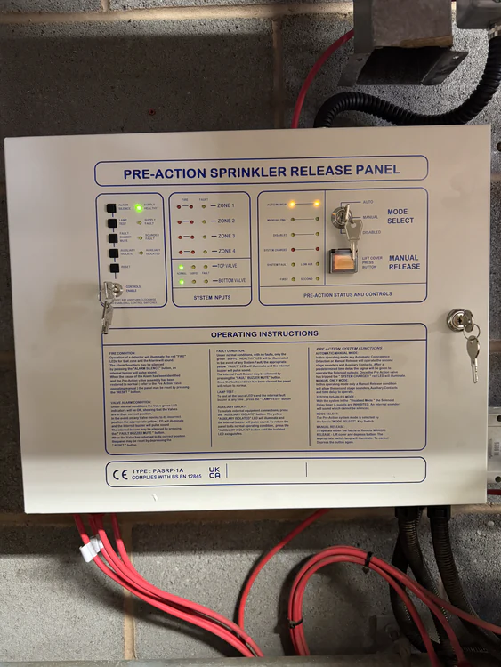Pre-action sprinkler release panel showing zone status and valve monitoring indicators
