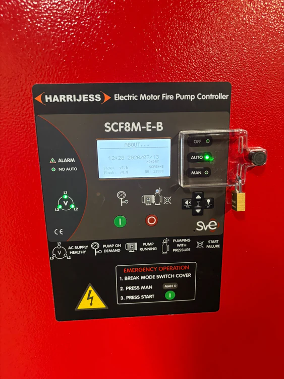 Harrijess electric motor fire pump controller set to automatic with the mode switch locked off